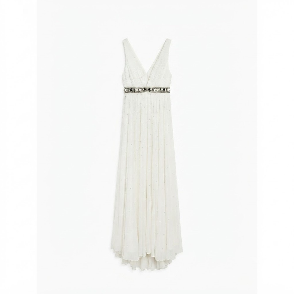 Sherri Hill White Beaded Deep V Pleated Goddess Gown Size 2 - Picture 1 of 14